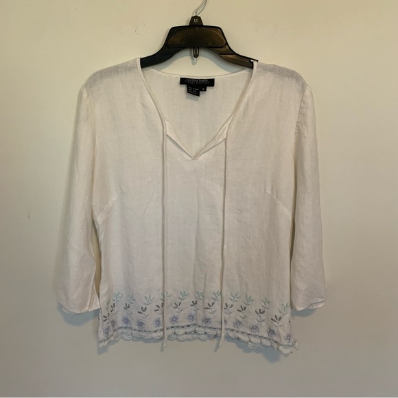 Cynthia Howie Boutique Dainty Beaded Linen White Embroidered Women's Top Sz 8 - Picture 1 of 10